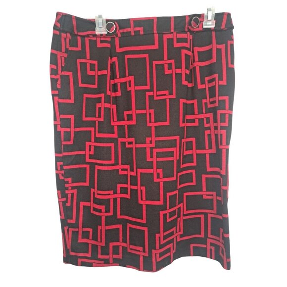 Grace Dresses & Skirts - Black Red Pencil Skirt Abstract Midi Mod Front Buttons Pockets Size 14 Stretch